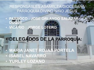 RESPONSABLES ASAMBLEA DIOCESANA
PARROQUIA DIVINO NIÑO JESUS
• PARROCO : JOSE ORLANDO SALAZAR
DUQUE
• VICARIO : JORGE LOTERO

• DELEGADOS DE LA PARROQUIA:
• MARIA JANET ROJAS PORTELA
• ISABEL NAVARRO
• YURLEY LOZANO

 