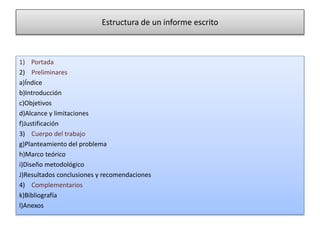 Estructura de un informe escrito
1) Portada
2) Preliminares
a)Índice
b)Introducción
c)Objetivos
d)Alcance y limitaciones
f)Justificación
3) Cuerpo del trabajo
g)Planteamiento del problema
h)Marco teórico
i)Diseño metodológico
J)Resultados conclusiones y recomendaciones
4) Complementarios
k)Bibliografía
l)Anexos
 