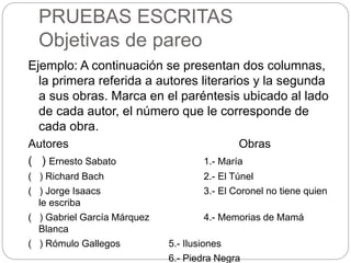 PRUEBAS ESCRITAS
Objetivas de pareo
Ejemplo: A continuación se presentan dos columnas,
la primera referida a autores literarios y la segunda
a sus obras. Marca en el paréntesis ubicado al lado
de cada autor, el número que le corresponde de
cada obra.
Autores Obras
( ) Ernesto Sabato 1.- María
( ) Richard Bach 2.- El Túnel
( ) Jorge Isaacs 3.- El Coronel no tiene quien
le escriba
( ) Gabriel García Márquez 4.- Memorias de Mamá
Blanca
( ) Rómulo Gallegos 5.- Ilusiones
6.- Piedra Negra
 