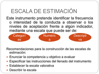 ESCALA DE ESTIMACIÓN
Este instrumento pretende identificar la frecuencia
o intensidad de la conducta a observar o los
niveles de aceptación frente a algún indicador,
mediante una escala que puede ser de:
Recomendaciones para la construcción de las escalas de
estimación:
 Enunciar la competencia u objetivo a evaluar
 Especificar las instrucciones del llenado del instrumento
 Establecer la escala valorativa
 Describir la escala
Categorí
as
Numéric
a
Descripti
va
 