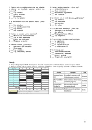 44
1. Cuando ante un problema debo dar una solución
u obtener un resultado urgente, ¿cómo me
comporto?
a. ___ Soy selectivo
b. ___ Intento acciones
c. ___ Me intereso
d. ___ Soy muy práctico
2. Al encontrarme con una realidad nueva, ¿cómo
soy?
a. ___ Soy receptivo
b. ___ Soy realista y específico
c. ___ Soy analítico
d. ___ Soy imparcial
3. Frente a un suceso, ¿cómo reacciono?
a. ___ Me involucro emocionalmente
b. ___ Soy un mero observador
c. ___ Pienso una explicación
d. ___ Me pongo en acción
4. Ante los cambios, ¿cómo soy?
a. ___ Los acepto bien dispuesto
b. ___ Me arriesgo
c. ___ Soy cuidadoso
d. ___ Soy consciente y realista
5. Frente a las incoherencias, ¿cómo soy?
a. ___ Actúo intuitivamente
b. ___ Hago propuestas
c. ___ Me comporto lógicamente
d. ___ Soy inquisitivo
6. En relación con mi punto de vista, ¿cómo soy?
a. ___ Soy abstracto
b. ___ Soy observador
c. ___ Soy concreto
d. ___ Soy activo
7. En la utilización del tiempo, ¿cómo soy?
a. ___ Me proyecto en el presente
b. ___ Soy reflexivo
c. ___ Me proyecto hacia el futuro
d. ___ Soy pragmático
8. En un proceso considero más importante:
a. ___ La experiencia
b. ___ La observación
c. ___ La conceptualización
d. ___ La experimentación
9. En mi trabajo soy:
a. ___ Intensamente dedicado
b. ___ Personalista y reservado
c. ___ Lógico y racional
d. ___ Responsable y cumplidor
Puntaje
1. Traspaselos puntajes cuidando de no equivocar el de cada pregunta y letra y solamente el de las alternativas que se indican.
2. Sume por columna solo los puntajes ingresados verifique en qué habilidad tienen más puntaje de acuerdo a la tabla de la derecha.
Pregunta A B C D
1 - - - -
2 - -- - -
3 - - - -
4 - - - -
5 - - - -
6 - - - -
7 - - - -
8 - - - -
9 - - - -
TOTAL - - - -
EC OR CA EA
Debe Completar con número de acuerdo a su respuesta
Debe Celdas que deben quedar vacías
 