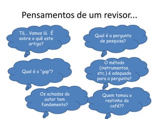 Pensamentos de um revisor...
Tá... Vamos lá. É
sobre o quê este
artigo?
Qual é o “gap”?
Qual é a pergunta
de pesquisa?
O método
(instrumentos,
etc.) é adequado
para a pergunta?
Os achados do
autor tem
fundamento?
Quem tomou o
restinho do
café??
 