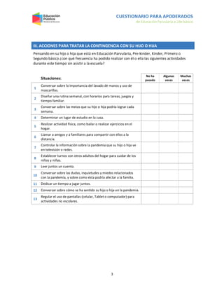 CUESTIONARIO PARA APODERADOS
de Educación Parvularia a 2do básico
3
III. ACCIONES PARA TRATAR LA CONTINGENCIA CON SU HIJO O HIJA
Pensando en su hijo o hija que está en Educación Parvularia, Pre-kinder, Kinder, Primero o
Segundo básico ¿con qué frecuencia ha podido realizar con él o ella las siguientes actividades
durante este tiempo sin asistir a la escuela?
Situaciones:
No ha
pasado
Algunas
veces
Muchas
veces
1
Conversar sobre la importancia del lavado de manos y uso de
mascarillas.
2
Diseñar una rutina semanal, con horarios para tareas, juegos y
tiempo familiar.
3
Conversar sobre las metas que su hijo o hija podría lograr cada
semana.
4 Determinar un lugar de estudio en la casa.
5
Realizar actividad física, como bailar o realizar ejercicios en el
hogar.
6
Llamar a amigos y a familiares para compartir con ellos a la
distancia.
7
Controlar la información sobre la pandemia que su hijo o hija ve
en televisión o redes.
8
Establecer turnos con otros adultos del hogar para cuidar de los
niños y niñas.
9 Leer juntos un cuento.
10
Conversar sobre las dudas, inquietudes y miedos relacionados
con la pandemia, y sobre como ésta podría afectar a la familia.
11 Dedicar un tiempo a jugar juntos.
12 Conversar sobre cómo se ha sentido su hijo o hija en la pandemia.
13
Regular el uso de pantallas (celular, Tablet o computador) para
actividades no escolares.
 