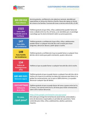 CUESTIONARIO PARA APODERADOS
de Educación Parvularia a 2do básico
6
800 200 818
Fono infancia
Servicio gratuito, confidencial y de cobertura nacional, atendido por
especialistas en temas de infancia y familia. Busca dar apoyo en temas
de crianza a las familias. Funciona de lunes a viernes entre 8:30 y 21:00.
1515
Línea Libre
Fundación para la
Confianza
Teléfono gratuito al que niños, niñas y adolescentes pueden llamar de
lunes a sábado entre las 10 y 22 horas, y ser atendidos por un psicólogo
o psicóloga que les dará orientación sobre sus preocupaciones.
147
Fono Niño
de Carabineros
Teléfono gratuito y confidencial al que niños, niñas y adolescentes
pueden llamar a cualquier hora del día o de la noche para hacer
preguntas, denunciar abusos y pedir apoyo o auxilio.
149
Fono Familia
de Carabineros
Teléfono gratuito y confidencial al que se puede llamar a cualquier hora
del día o de la noche para pedir orientación, ayuda o denunciar.
134
Policía de
Investigaciones
(PDI)
Teléfono al que se puede llamar a cualquier hora del día o de la noche.
600 400 0101
Denuncia seguro
Teléfono gratuito al que se puede llamar a cualquier hora del día o de la
noche y en el que no se solicitan los datos de la persona que llama ni se
graban las conversaciones, por lo que es 100% anónimo, y se pueden
denunciar cualquier tipo de delitos.
+56224979600
Defensoría
de la niñez
Teléfono gratuito al que se puede llamar de lunes a jueves entre las 9 y
17 horas, y los viernes entre las 9 y 16 horas para recibir orientaciones
sobre cómo realizar denuncias.
En casa,
¿qué pasa?
https://sites.google.com/view/en-casa-que-pasa/
Sitio web que entrega herramientas de salud mental, autocuidado y
toma de decisiones responsables en períodos de cuarentena. Tiene
contenido para niñas, niños y adolescentes, adultos y personas
mayores.
 