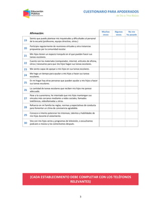 CUESTIONARIO PARA APODERADOS
de 5to a 7mo Básico
3
Afirmación:
Muchas
veces
Algunas
veces
No me
ha pasado
19
Siento que puedo plantear mis inquietudes y dificultades al personal
de la escuela (profesores, equipo directivo, otros.)
20
Participio regularmente de reuniones virtuales y otra instancias
propuestas por la comunidad escolar.
21
Mis hijos tienen un espacio tranquilo en el que pueden hacer sus
tareas escolares.
22
Cuento con los materiales (computador, internet, artículos de oficina,
otros.) necesarios para que mis hijos hagan sus tareas escolares.
23 Me siento capaz de apoyar a mis hijos en sus tareas escolares.
24
Me hago un tiempo para ayudar a mis hijos a hacer sus tareas
escolares.
25
En mi hogar hay otras personas que pueden ayudar a mis hijos a hacer
sus tareas escolares.
26
La cantidad de tareas escolares que reciben mis hijos me parece
adecuada.
27
Pese a la cuarentena, he intentado que mis hijos mantengan sus
vínculos más cercanos mediante a redes sociales, llamados
telefónicos, videollamadas u otros.
28
Refuerzo en mi familia las reglas, normas y expectativas de conducta
para fomentar un clima de convivencia agradable.
29
Conozco e intento potenciar los intereses, talentos y habilidades de
mis hijos durante el aislamiento.
30
Veo con mis hijos series y programas de televisión, o escuchamos
podcasts o música y los comentamos después.
(CADA ESTABLECIMIENTO DEBE COMPLETAR CON LOS TELÉFONOS
RELEVANTES)
 