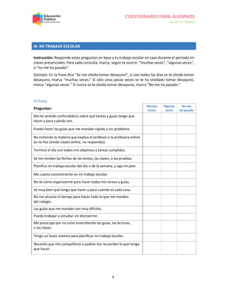 CUESTIONARIO PARA ALUMNOS
de 8º a II Medio
4
III. MI TRABAJO ESCOLAR
Instrucción: Responde estas preguntas en base a tu trabajo escolar en casa durante el período sin
clases presenciales. Para cada consulta, marca, según te ocurre: “muchas veces”, “algunas veces”,
o “no me ha pasado”.
Ejemplo: En la frase dice “Se me olvida tomar desayuno”, si casi todos los días se te olvida tomar
desayuno, marca “muchas veces.” Si sólo unas pocas veces se te ha olvidado tomar desayuno,
marca “algunas veces.” Si nunca se te olvida tomar desayuno, marca “No me ha pasado.”
1º Parte
Preguntas:
Muchas
Veces
Algunas
veces
No me
ha pasado
Me he sentido confundido/a sobre qué tareas y guías tengo que
hacer y para cuándo son.
Puedo hacer las guías que me mandan rápido y sin problema.
No entiendo la materia que explica el profesor o la profesora online
(si no has tenido clases online, no respondas).
Termino el día con todos mis objetivos y tareas cumplidos.
Se me olvidan las fechas de las tareas, las clases, o las pruebas.
Planifico mi trabajo escolar del día o de la semana, y sigo mi plan.
Me cuesta concentrarme en mi trabajo escolar.
No sé cómo organizarme para hacer todas mis tareas y guías.
Sé muy bien qué tengo que hacer y para cuándo es cada cosa.
No me alcanza el tiempo para hacer todo lo que me mandan
del colegio.
Las guías que me mandan son muy difíciles.
Puedo trabajar y estudiar sin distraerme.
Me preocupo por no estar entendiendo las guías, las lecturas,
o las clases.
Tengo un buen sistema para planificar mi trabajo escolar.
Necesito que mis compañeros o padres me recuerden lo que tengo
que hacer.
 