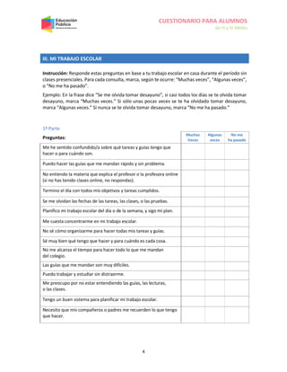 CUESTIONARIO PARA ALUMNOS
de III y IV Medio
4
III. MI TRABAJO ESCOLAR
Instrucción: Responde estas preguntas en base a tu trabajo escolar en casa durante el período sin
clases presenciales. Para cada consulta, marca, según te ocurre: “Muchas veces”, “Algunas veces”,
o “No me ha pasado”.
Ejemplo: En la frase dice “Se me olvida tomar desayuno”, si casi todos los días se te olvida tomar
desayuno, marca “Muchas veces.” Si sólo unas pocas veces se te ha olvidado tomar desayuno,
marca “Algunas veces.” Si nunca se te olvida tomar desayuno, marca “No me ha pasado.”
1º Parte
Preguntas:
Muchas
Veces
Algunas
veces
No me
ha pasado
Me he sentido confundido/a sobre qué tareas y guías tengo que
hacer o para cuándo son.
Puedo hacer las guías que me mandan rápido y sin problema.
No entiendo la materia que explica el profesor o la profesora online
(si no has tenido clases online, no respondas).
Termino el día con todos mis objetivos y tareas cumplidos.
Se me olvidan las fechas de las tareas, las clases, o las pruebas.
Planifico mi trabajo escolar del día o de la semana, y sigo mi plan.
Me cuesta concentrarme en mi trabajo escolar.
No sé cómo organizarme para hacer todas mis tareas y guías.
Sé muy bien qué tengo que hacer y para cuándo es cada cosa.
No me alcanza el tiempo para hacer todo lo que me mandan
del colegio.
Las guías que me mandan son muy difíciles.
Puedo trabajar y estudiar sin distraerme.
Me preocupo por no estar entendiendo las guías, las lecturas,
o las clases.
Tengo un buen sistema para planificar mi trabajo escolar.
Necesito que mis compañeros o padres me recuerden lo que tengo
que hacer.
 