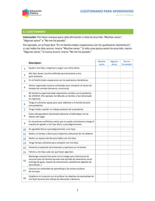 CUESTIONARIO PARA APODERADOS
de III y IV Medio
2
II. CUESTIONARIO
Instrucción: Por favor marque para cada afirmación si ésta ha ocurrido “Muchas veces”,
“Algunas veces” o “No me ha pasado”.
Por ejemplo, en la frase dice “En mi familia todos cooperamos con los quehaceres domésticos”,
si casi todos los días ocurre, marca “Muchas veces.” Si sólo unas pocas veces ha ocurrido, marca
“Algunas veces.” Si nunca ocurre, marca “No me ha pasado.”
Descriptor:
Muchas
veces
Algunas
veces
No me
ha pasado
1 Ayudo a mis hijos a organizar y seguir una rutina diaria.
2
Mis hijos tienen una hora definida para levantarse y otra
para acostarse.
3 En mi familia todos cooperamos con los quehaceres domésticos.
4
Hemos organizado nuestras actividades para compartir al menos los
tiempos de comidas (almuerzo, once/cena).
5
Mi familia ha experimentado importantes cambios con la pandemia
de COVID19. (Por ejemplo, ha fallecido un familiar o han disminuido
los ingresos).
6
Tengo el suficiente apoyo para sacar adelante a mi familia durante
esta pandemia.
7 Tengo miedo a perder mi trabajo producto de la pandemia.
8
Estoy sobrepasado/a intentando balancear el teletrabajo con las
labores del hogar.
9
En situaciones conflictivas siento que no puedo controlarme y tengo el
impulso de agredir a mis hijos (física o psicológicamente).
10 He agredido (física o psicológicamente) a mis hijos.
11 Dedico un tiempo a diario para relajarme y descansar de mis deberes.
12 Dedico un espacio del día para hablar con mis hijos.
13 Tengo tiempo suficiente para compartir con mis hijos.
14 Fomento la expresión de emociones y opiniones en mi familia.
15 Felicito a mis hijos cada vez que hacen algo bien.
16
Mantengo contacto frecuente con el colegio para informarme de
recursos para las familias durante este periodo de aislamiento social
(entrega de guías, reparto de alimentación, plataformas digitales de
aprendizaje…)
17
Conozco los contenidos de aprendizaje y las tareas escolares
de mis hijos.
18
Establezco en conjunto con el profesor los objetivos de aprendizaje de
mis hijos durante este tiempo de educación a distancia.
 