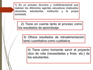 1) Es un proceso dinámico y multidimensional que
realizan los diferentes agentes educativos implicados
(docentes, estudiantes, institución y la propia
sociedad).
2) Tiene en cuenta tanto el proceso como
los resultados de aprendizaje.
3) Ofrece resultados de retroalimentación
tanto cuantitativa como cualitativa.
4) Tiene como horizonte servir al proyecto
ético de vida (necesidades y fines, etc.) de
los estudiantes.
 