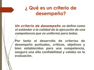 ¿ Qué es un criterio de
desempeño?
Un criterio de desempeño se define como
el estándar o la calidad de la ejecución de una
competencia que es uniforme para todos.
Por tanto el desarrollo de criterios de
desempeño puntuales, críticos, objetivos y
bien establecidos para una competencia,
asegura una alta confiabilidad y validez en la
evaluación.
 