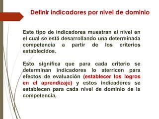 Definir indicadores por nivel de dominio
Este tipo de indicadores muestran el nivel en
el cual se está desarrollando una determinada
competencia a partir de los criterios
establecidos.
Esto significa que para cada criterio se
determinan indicadores lo aterricen para
efectos de evaluación (establecer los logros
en el aprendizaje) y estos indicadores se
establecen para cada nivel de dominio de la
competencia.
 