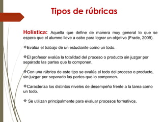 Tipos de rúbricas
Holística: Aquella que define de manera muy general lo que se
espera que el alumno lleve a cabo para lograr un objetivo (Frade, 2009).
Evalúa el trabajo de un estudiante como un todo.
El profesor evalúa la totalidad del proceso o producto sin juzgar por
separado las partes que lo componen.
Con una rúbrica de este tipo se evalúa el todo del proceso o producto,
sin juzgar por separado las partes que lo componen.
Caracteriza los distintos niveles de desempeño frente a la tarea como
un todo.
 Se utilizan principalmente para evaluar procesos formativos.
 