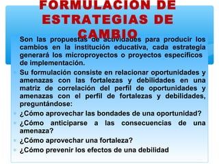 FORMULACIÓN DE
        ESTRATEGIAS DE
∗ Son            CAMBIO
      las propuestas de actividades para producir   los
  cambios en la institución educativa, cada estrategia
  generará los microproyectos o proyectos específicos
  de implementación.
∗ Su formulación consiste en relacionar oportunidades y
  amenazas con las fortalezas y debilidades en una
  matriz de correlación del perfil de oportunidades y
  amenazas con el perfil de fortalezas y debilidades,
  preguntándose:
∗ ¿Cómo aprovechar las bondades de una oportunidad?
∗ ¿Cómo anticiparse a las consecuencias de una
  amenaza?
∗ ¿Cómo aprovechar una fortaleza?
∗ ¿Cómo prevenir los efectos de una debilidad
 