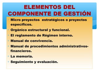 ∗ Micro proyectos estratégicos o proyectos
  específicos.
∗ Orgánico estructural y funcional.
∗ El reglamento de Régimen interno.
∗ Manual de convivencia.
∗ Manual de procedimientos administrativos-
  financieros.
∗ La memoria.
∗ Seguimiento y evaluación.
 
