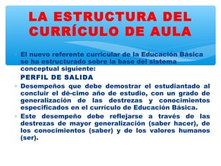 LA ESTRUCTURA DEL
   CURRÍCULO DE AULA
∗ El nuevo referente curricular de la Educación Básica
  se ha estructurado sobre la base del sistema
  conceptual siguiente:
  PERFIL DE SALIDA
∗ Desempeños que debe demostrar el estudiantado al
  concluir el dé-cimo año de estudio, con un grado de
  generalización de las destrezas y conocimientos
  especificados en el currículo de Educación Básica.
∗ Este desempeño debe reflejarse a través de las
  destrezas de mayor generalización (saber hacer), de
  los conocimientos (saber) y de los valores humanos
  (ser).
 
