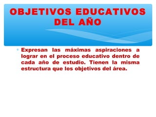 OBJETIVOS EDUCATIVOS
       DEL AÑO


∗ Expresan las máximas aspiraciones a
  lograr en el proceso educativo dentro de
  cada año de estudio. Tienen la misma
  estructura que los objetivos del área.
 