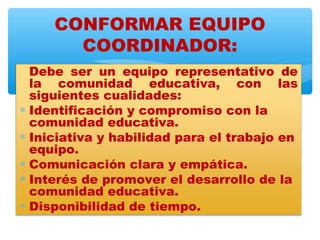 CONFORMAR EQUIPO
       COORDINADOR:
  Debe ser un equipo representativo de
  la comunidad educativa, con las
  siguientes cualidades:
∗ Identificación y compromiso con la
  comunidad educativa.
∗ Iniciativa y habilidad para el trabajo en
  equipo.
∗ Comunicación clara y empática.
∗ Interés de promover el desarrollo de la
  comunidad educativa.
∗ Disponibilidad de tiempo.
 
