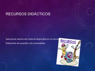 RECURSOS DIDÁCTICOS
Seleccionar dentro del material disponible en el mercado.
Elaborarlos de acuerdo a las necesidades
 