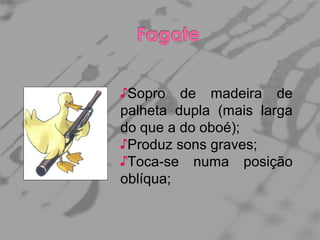 ♪Sopro de madeira de
palheta dupla (mais larga
do que a do oboé);
♪Produz sons graves;
♪Toca-se numa posição
oblíqua;

 