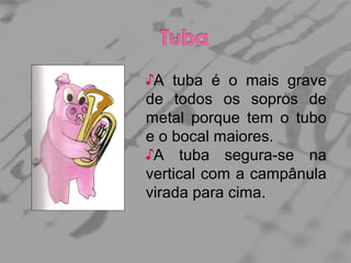 ♪A tuba é o mais grave
de todos os sopros de
metal porque tem o tubo
e o bocal maiores.
♪A tuba segura-se na
vertical com a campânula
virada para cima.

 