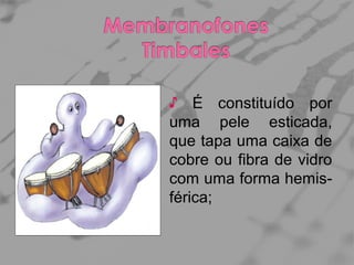 ♪ É constituído por
uma pele esticada,
que tapa uma caixa de
cobre ou fibra de vidro
com uma forma hemisférica;

 