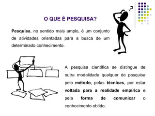 Pesquisa, no sentido mais amplo, é um conjunto
de atividades orientadas para a busca de um
determinado conhecimento.
O QUE É PESQUISA?
A pesquisa científica se distingue de
outra modalidade qualquer de pesquisa
pelo método, pelas técnicas, por estar
voltada para a realidade empírica e
pela forma de comunicar o
conhecimento obtido.
 