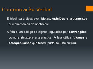 É ideal para descrever ideias, opiniões e argumentos
 que chamamos de abstratas.

A fala é um código de signos regulados por convenções,
 como a sintaxe e a gramática. A fala utiliza idiomas e
 coloquialismos que fazem parte de uma cultura.
 