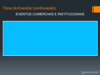 Tipos de Eventos (continuação).
         EVENTOS COMERCIAIS E INSTITUCIONAIS


Exposição                  Concurso
Feira                      Lançamento da 1ª pedra
Lançamento de livro        Inauguração de instalações
Mostra                     Inauguração de estátuas,
Salão                      bustos, retratos
Programa de visitas        Tomada de posse




                                                Professora: Germana Eiriz /
                                                1O
 