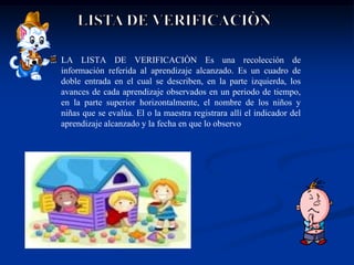 LA LISTA DE VERIFICACIÒN Es una recolección de
información referida al aprendizaje alcanzado. Es un cuadro de
doble entrada en el cual se describen, en la parte izquierda, los
avances de cada aprendizaje observados en un periodo de tiempo,
en la parte superior horizontalmente, el nombre de los niños y
niñas que se evalúa. El o la maestra registrara allí el indicador del
aprendizaje alcanzado y la fecha en que lo observo
 