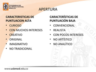 APERTURA
CARACTERISTICAS DE
PUNTUACION ALTA
• CURIOSO
• CON MUCHOS INTERESES
• CREATIVO
• ORIGINAL
• IMAGINATIVO
• NO TRADICIONAL
CARACTERÍSTICAS DE
PUNTUACIÓN BAJA
• CONVENCIONAL
• REALISTA
• CON POCOS INTERESES
• NO ARTÍSTICO
• NO ANALÍTICO
 