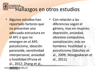 Hallazgos en otros estudios
• Algunos estudios han
reportado factores que
no presentan una
adecuada estructura en
el AFC o que no
emergen en el AFE:
psicoticismo, ideación
paranoide, sensitividad
interpersonal, ansiedad
y hostilidad (Pruna et
al., 2012; Zhang et al.,
2013)..
• Con relación a las
diferencias según el
género, mas en mujeres:
depresión, ansiedad,
obsesivo-compulsivo,
somatización; más en
hombres: hostilidad y
psicoticismo (Sánchez et
al., 2009; Wongpakaran et
al., 2011).
 