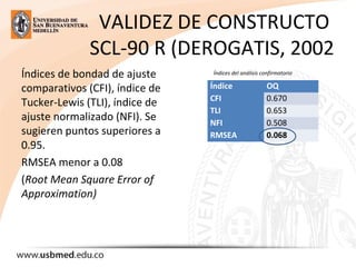 VALIDEZ DE CONSTRUCTO
SCL-90 R (DEROGATIS, 2002
Índices de bondad de ajuste
comparativos (CFI), índice de
Tucker-Lewis (TLI), índice de
ajuste normalizado (NFI). Se
sugieren puntos superiores a
0.95.
RMSEA menor a 0.08
(Root Mean Square Error of
Approximation)
Índices del análisis confirmatorio
Índice OQ
CFI 0.670
TLI 0.653
NFI 0.508
RMSEA 0.068
 