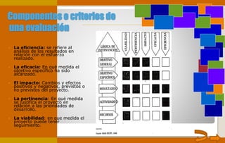 Componentes o criterios de
una evaluación
 La eficiencia: se refiere al
análisis de los resultados en
relación con el esfuerzo
realizado.
 La eficacia: En qué medida el
objetivo específico ha sido
alcanzado.
 El impacto: Cambios y efectos
positivos y negativos, previstos o
no previstos del proyecto.
 La pertinencia: En qué medida
se justifica el proyecto en
relación a las prioridades de
desarrollo.
 La viabilidad: en que medida el
proyecto puede tener
seguimiento.
 