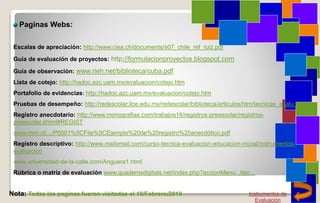 Paginas Webs:
Escalas de apreciación: http://www.ciea.ch/documents/s07_chile_ref_ruiz.pdf
Guía de evaluación de proyectos: http://formulacionproyectos.blogspot.com
Guía de observación: www.rieh.net/biblioteca/cuba.pdf
Lista de cotejo: http://hadoc.azc.uam.mx/evaluacion/cotejo.htm
Portafolio de evidencias: http://hadoc.azc.uam.mx/evaluacion/cotejo.htm
Pruebas de desempeño: http://redescolar.ilce.edu.mx/redescolar/biblioteca/articulos/htm/tecnicas_evalu.htm
Registro anecdotario: http://www.monografias.com/trabajos16/registros-preescolar/registros-
preescolar.shtml#REGIST
www.mim.cl/.../P0001%5CFile%5CEjemplo%20de%20registro%20anecdótico.pdf
Registro descriptivo: http://www.mailxmail.com/curso-tecnica-evaluacion-educacion-inicial/instrumentos-
evaluacion
www.universidad-de-la-calle.com/Anguera1.html
Rúbrica o matriz de evaluación www.quadernsdigitals.net/index.php?accionMenu...tipo...
Nota: Todas las paginas fueron visitadas el 10/Febrero/2010 Instrumentos de
Evaluación
 