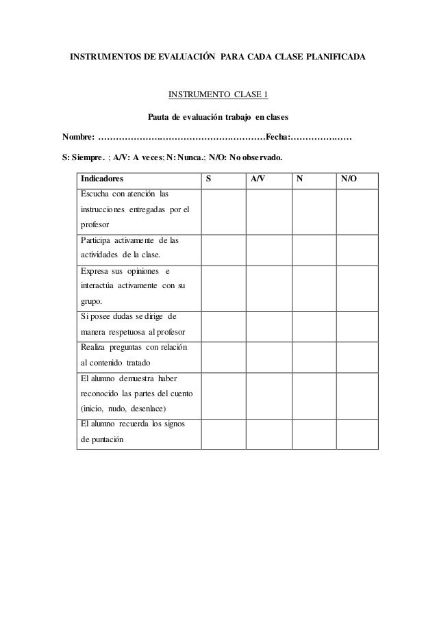 Instrumentos de evaluación para cada clase planificada 