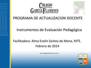 PROGRAMA DE ACTUALIZACION DOCENTE
Instrumentos de Evaluación Pedagógica
Facilitadora: Alma Evelin Santos de Mena, MTE.
Febrero de 2014
aesantos@garciaflamenco.edu.sv
1
 