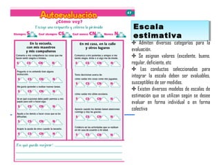 Escala
estimativa
Escala
estimativa
✣ Admiten diversas categorías para la
evaluación.
✣ Se asignan valores (excelente, bueno,
regular, deficiente, etc
✣ Las conductas seleccionadas para
integrar la escala deben ser evaluables,
susceptibles de ser medidas.
✣ Existen diversos modelos de escalas de
estimación que se utilizan según se desee
evaluar en forma individual o en forma
colectiva
 