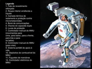 Legenda
1. Fato de revestimento
reforçado
2. Roupa interior arrefecida a
líquido
3. Camada térmica de
isolamento e proteção contra
micrometeoróides
4. Boné de comunicações
5. Visores do capacete duplo
6. Luvas de proteção
7. Controlador manual do MMU
(movimentos para
cima, para baixo, para a frente,
para trás e para
os lados)
8. Controlador manual do MMU
(para virar)
9. Sistema portátil de apoio à
vida
10. Depósitos de combustível do
MMU
11. Foguetes de manobras
12. Controlador eletrónico do
MMU
 