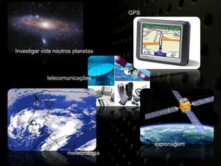 GPS




Investigar vida noutros planetas



             telecomunicações




                                          espionagem
                     meteorologia
 