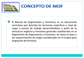    El Manual de Organización y Funciones, es un documento
    normativo que describe las funciones especificas a nivel de
    cargo o puesto de trabajo desarrollándolas a partir de la
    estructura orgánica y funciones generales establecidas en el
    Reglamento de Organización y Funciones, así como en base a
    los requerimientos de cargos considerados en el Cuadro para
    Asignación de Personal.
 