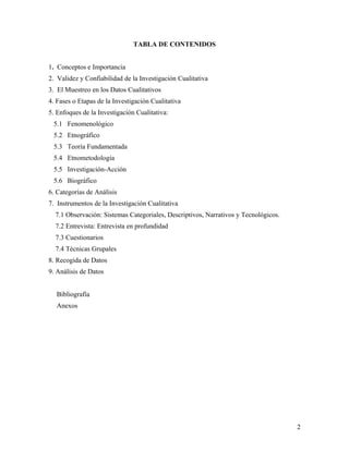 TABLA DE CONTENIDOS
1. Conceptos e Importancia
2. Validez y Confiabilidad de la Investigación Cualitativa
3. El Muestreo en los Datos Cualitativos
4. Fases o Etapas de la Investigación Cualitativa
5. Enfoques de la Investigación Cualitativa:
5.1 Fenomenológico
5.2 Etnográfico
5.3 Teoría Fundamentada
5.4 Etnometodología
5.5 Investigación-Acción
5.6 Biográfico
6. Categorías de Análisis
7. Instrumentos de la Investigación Cualitativa
7.1 Observación: Sistemas Categoriales, Descriptivos, Narrativos y Tecnológicos.
7.2 Entrevista: Entrevista en profundidad
7.3 Cuestionarios
7.4 Técnicas Grupales
8. Recogida de Datos
9. Análisis de Datos
Bibliografía
Anexos
2
 