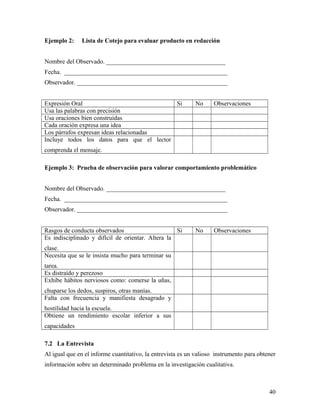Ejemplo 2: Lista de Cotejo para evaluar producto en redacción
Nombre del Observado. ______________________________________
Fecha. ____________________________________________________
Observador. ________________________________________________
Expresión Oral Si No Observaciones
Usa las palabras con precisión
Usa oraciones bien construidas
Cada oración expresa una idea
Los párrafos expresan ideas relacionadas
Incluye todos los datos para que el lector
comprenda el mensaje.
Ejemplo 3: Prueba de observación para valorar comportamiento problemático
Nombre del Observado. ______________________________________
Fecha. ____________________________________________________
Observador. ________________________________________________
Rasgos de conducta observados Si No Observaciones
Es indisciplinado y difícil de orientar. Altera la
clase.
Necesita que se le insista mucho para terminar su
tarea.
Es distraído y perezoso
Exhibe hábitos nerviosos como: comerse la uñas,
chuparse los dedos, suspiros, otras manías.
Falta con frecuencia y manifiesta desagrado y
hostilidad hacia la escuela.
Obtiene un rendimiento escolar inferior a sus
capacidades
7.2 La Entrevista
Al igual que en el informe cuantitativo, la entrevista es un valioso instrumento para obtener
información sobre un determinado problema en la investigación cualitativa.
40
 