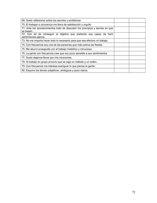 69. Suelo reflexionar sobre los asuntos y problemas
70. El trabajar a conciencia me llena de satisfacción y orgullo
71. Ante los acontecimientos trato de descubrir los principios y teorías en que
se basan.
72. Con tal de conseguir el objetivo que pretendo soy capaz de herir
sentimientos ajenos.
73. No me importa hacer todo lo necesario para que sea efectivo mi trabajo.
74. Con frecuencia soy una de las personas que más anima las fiestas.
75. Me aburro enseguida con el trabajo metódico y minucioso.
76. La gente con frecuencia cree que soy poco sensible a sus sentimientos
77. Suelo dejarme llevar por mis intuiciones.
78. Si trabajo en grupo procuro que se siga un método y un orden.
79. Con frecuencia me interesa averiguar lo que piensa la gente.
80. Esquivo los temas subjetivos, ambiguos y poco claros.
72
 