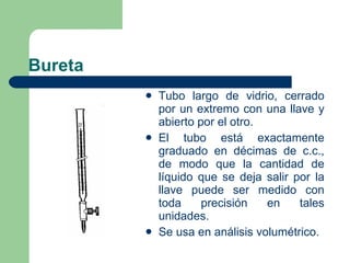 Bureta Tubo largo de vidrio, cerrado por un extremo con una llave y abierto por el otro.  El tubo está exactamente graduado en décimas de c.c., de modo que la cantidad de líquido que se deja salir por la llave puede ser medido con toda precisión en tales unidades. Se usa en análisis volumétrico. 