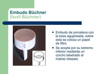 Embudo Büchner (funil Büchner) Embudo de porcelana con la base agujereada, sobre esta se coloca un papel de filtro. Se acopla por su extremo inferior mediante un corcho taladrado al matraz kitasato. 
