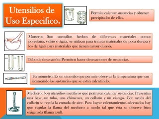 Utensilios de                                 Permite calentar sustancias y obtener
                                               precipitados de ellas.
Uso Especifico.
      Mortero: Son utensilios hechos de diferentes materiales como:
      porcelana, vidrio o ágata, se utilizan para triturar materiales de poca dureza y
      los de ágata para materiales que tienen mayor dureza.


      Tubo de desecación: Permiten hacer desecaciones de sustancias.



        Termómetro: Es un utensilio que permite observar la temperatura que van
        alcanzando las sustancias que se están calentando.


     Mechero: Son utensilios metálicos que permiten calentar sustancias. Presentan
     una base, un tubo, una chimenea, un collarín y un vástago. Con ayuda del
     collarín se regula la entrada de aire. Para lograr calentamientos adecuados hay
     que regular la flama del mechero a modo tal que ésta se observe bien
     oxigenada (flama azul).
 