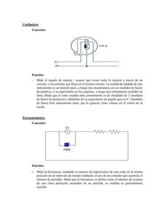 Cosfimétro:
Conexión:
Función:
- Mide el ángulo de retardo / avance que existe entre la tensión a través de un
circuito, y la corriente que fluye en el mismo circuito. La unidad de medida de este
instrumento es un número puro, y luego nos encontramos con un medidor de factor
de potencia, o su equivalente en las esquinas, y luego nos enfrentamos medidor de
fases. Dado que el valor medido más comúnmente es de alrededor de 1 (medidor
de factor de potencia) o alrededor de su equivalente en ángulo que es 0 ° (medidor
de fases) Este instrumento tiene, por lo general, estos valores en el centro de la
escala.
Frecuencímetro:
Conexión:
Función:
- Mide la frecuencia, contando el número de repeticiones de una onda en la misma
posición en un intervalo de tiempo mediante el uso de un contador que acumula el
número de periodos. Dado que la frecuencia se define como el número de eventos
de una clase particular ocurridos en un período, su medida es generalmente
sencilla.
 