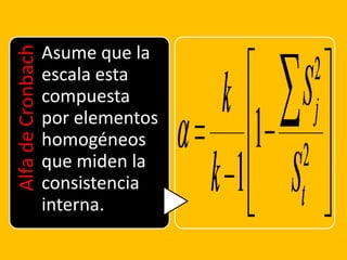 Asume que la
Alfa de Cronbach

                   escala esta
                   compuesta
                   por elementos
                   homogéneos
                   que miden la
                   consistencia
                   interna.
 