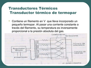 Transductores Térmicos
Transductor térmico de termopar
 Contiene un filamento en V que lleva incorporado un
pequeño termopar. Al pasar una corriente constante a
través del filamento, su temperatura es inversamente
proporcional a la presión absoluta del gas.
 