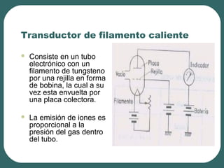 Transductor de filamento caliente
 Consiste en un tubo
electrónico con un
filamento de tungsteno
por una rejilla en forma
de bobina, la cual a su
vez esta envuelta por
una placa colectora.
 La emisión de iones es
proporcional a la
presión del gas dentro
del tubo.
 